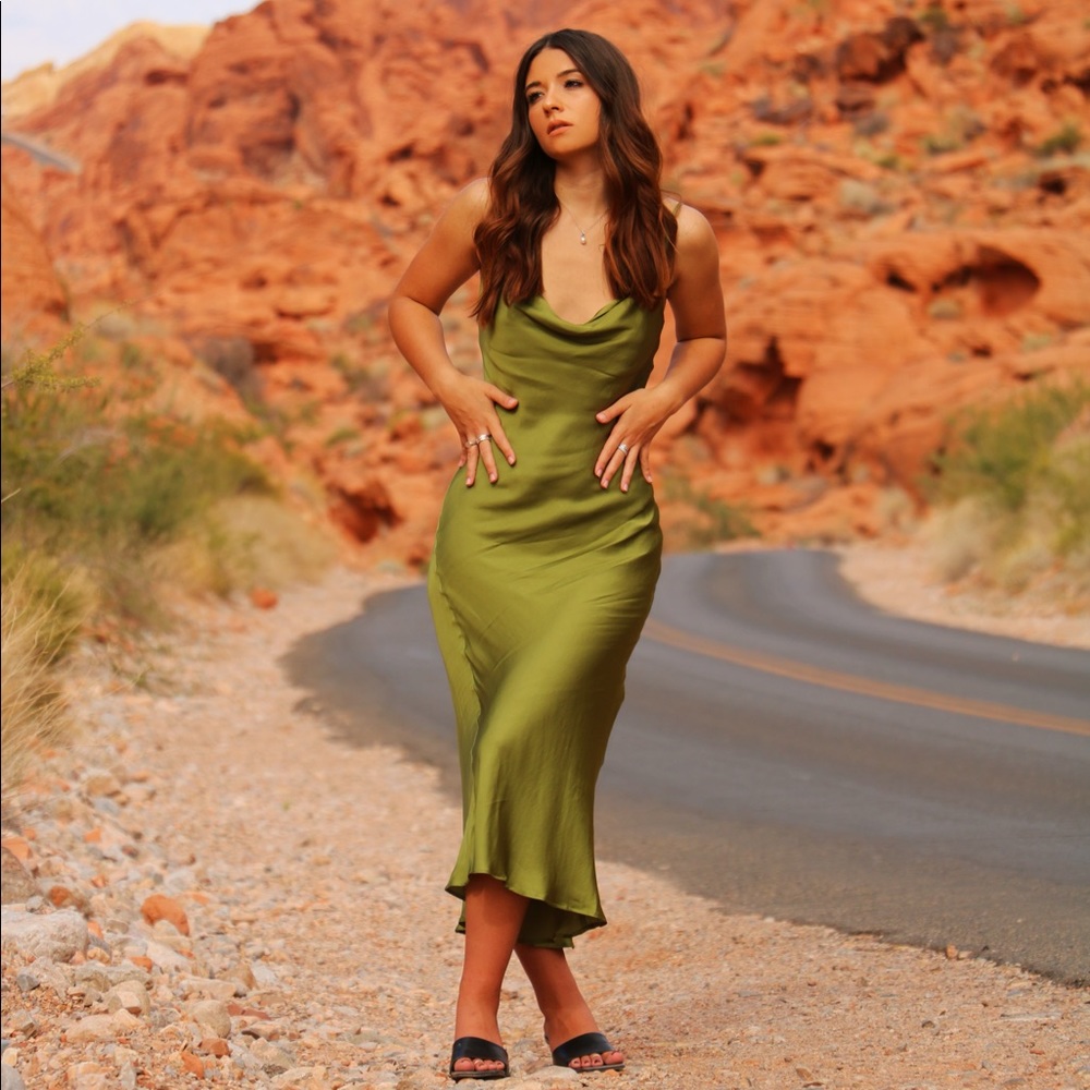Olive Satin Midi Dress